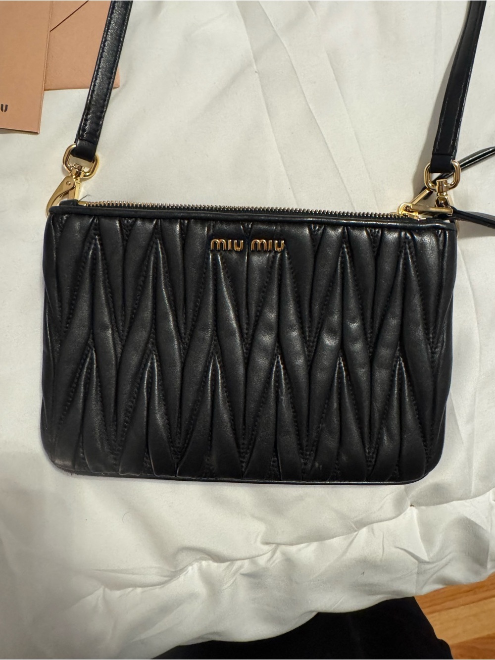 Miu Miu Black Quilted Matelassé Leather Crossbody with Gold Hardware